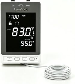 Programmable Thermostat with Built-in GFCI, White | Electric Floor Heating Systems, 7-Day Programmable, Large LCD Display with Backlight, 120-240VAC 15A Max Load